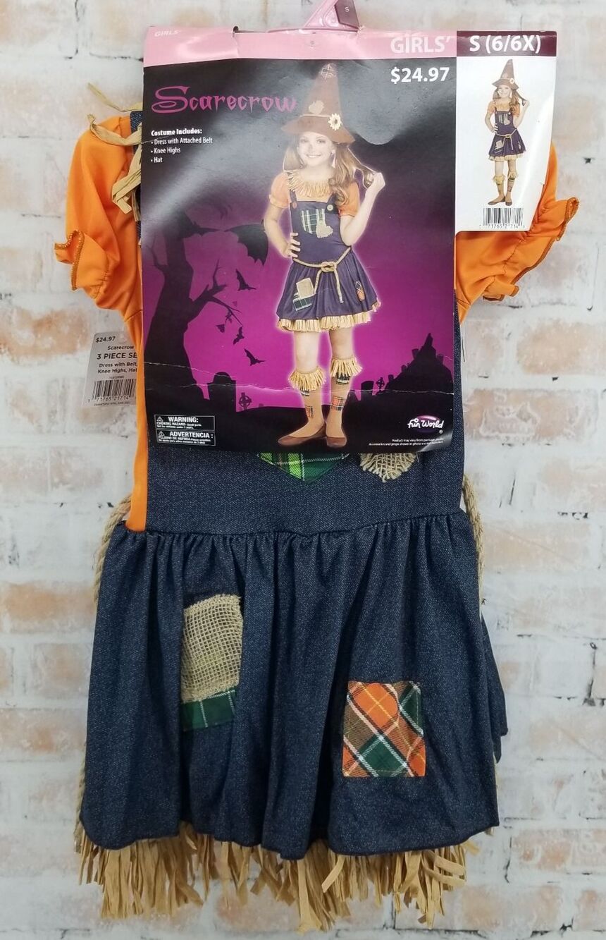NIP Fun World Scarecrow Multi-Color Halloween Costume Set Sz S 6 / 6X
